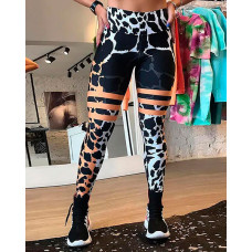 Cheetah Striped Print High Waist Leggings - black