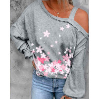 Cherry Blossoms Print Cold Shoulder Top - gray