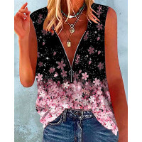 Cherry Blossoms Print Zip Front Casual Tank Top - black