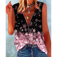 Cherry Blossoms Print Zip Front Casual Tank Top - black