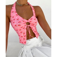 Cherry Print Halter Cut-out Slit Tanks - pink