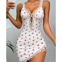 Cherry Print Plunge Lace Trim Sleep Dress - white