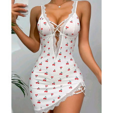 Cherry Print Plunge Lace Trim Sleep Dress - white