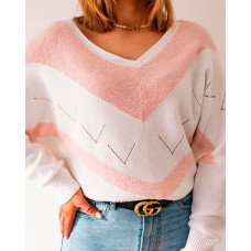 Chevron Colorblock V-Neck Batwing Sleeve Sweater - white