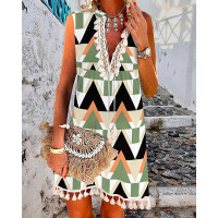 Chevron Geo Print Tassel Decor Sleeveless Casual Dress - Multicolor