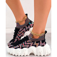 Chevron Pattern Breathable Lace-up Sneakers - Multicolor