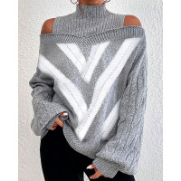 Chevron Pattern Cold Shoulder Lantern Sleeve Sweater - gray