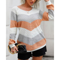 Chevron Pattern Colorblock Long Sleeve Knit Sweater - pink