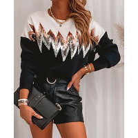 Chevron Pattern Drop Shoulder Sweater - black