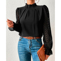 Chevron Pattern Ruched Long Sleeve Top - black