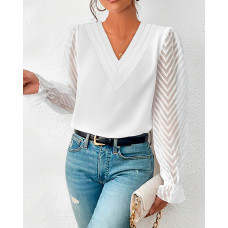 Chevron Pattern Sheer Mesh Long Sleeve Top - white