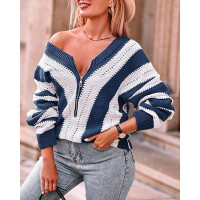 Chevron Pattern Zip Front Long Sleeve Sweater - dark blue