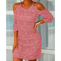 Chevron Print Cold Shoulder Casual Dress - pink