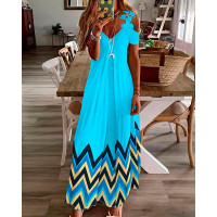 Chevron Print Contrast Lace Cold Shoulder Maxi Dress - blue