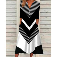 Chevron Striped Print Casual Dress - black