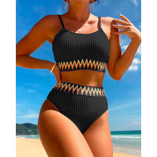 Chevron U-Neck Textured Bikini Set - black