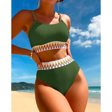 Chevron U-Neck Textured Bikini Set - green