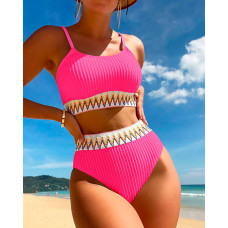 Chevron U-Neck Textured Bikini Set - hot pink