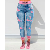 ChicMe Fake Two-Piece Patchwork Cutout Ripped Jeans - blue