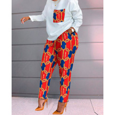 ChicMe Geo Letter Print Long Sleeve Top & Pants Set - red