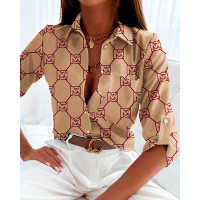 ChicMe Letter Print Roll Tab Sleeve Button Down Shirt - khaki