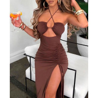 Chocolate Cutout Drawstring Ruched High Slit Dress - Chocolate