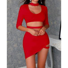 Choker Cut Out Irregular Bodycon Dress - red