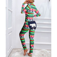 Christmas Animal Print Functional Buttoned Flap Adults Pajamas - Multicolor