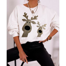 Christmas Cartoon Elk Metallic Long Sleeve Sweatshirt - white