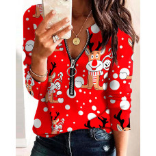 Christmas Cartoon Elk Print Zip Front Long Sleeve Top - red