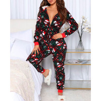 Christmas Cartoon Plaid Pattern Lantern Sleeve Lounge Jumpsuit - black