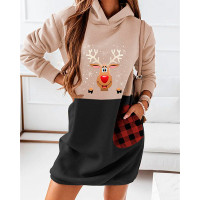 Christmas Deer Plaid Print Colorblock Hooded Sweatshirt Dress - Multicolor