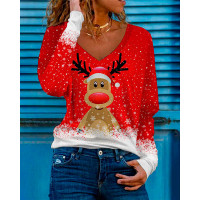 Christmas Deer Snowflake Print Long Sleeve Top - red