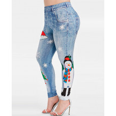 Christmas Denim Look Print Leggings - Lighted Blue