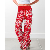 Christmas Drawstring Snowflake Print Wide Leg Pants - red