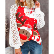 Christmas Elk Print Contrast Lace Lantern Sleeve Top - red