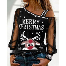 Christmas Elk Print Contrast Mesh Cold Shoulder Top - black