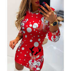 Christmas Elk Print Long Sleeve Bodycon Dress - red