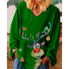 Christmas Elk Print Long Sleeve Casual Top - green