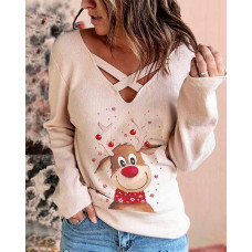 Christmas Elk Print Long Sleeve Top - beige