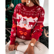 Christmas Elk Snowflake Pattern Long Sleeve Sweater - red