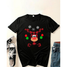 Christmas Elk Snowflake Plaid Print Short Sleeve T-shirt - black