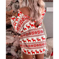 Christmas Fair Isle Pattern Print Crisscross Backless Casual Dress - red