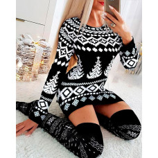 Christmas Fair Isle Pattern Print Long Sleeve Bodycon Dress - black