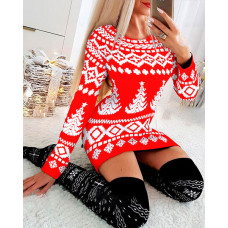 Christmas Fair Isle Pattern Print Long Sleeve Bodycon Dress - red