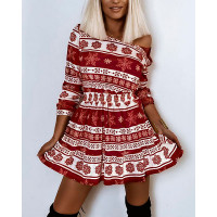 Christmas Fair Isle Pattern Print Long Sleeve Casual Dress - red