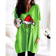 Christmas Gigot Sleeve Graphic Print Casual Dress - green