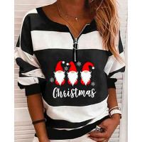 Christmas Gnome Print Colorblock Long Sleeve Top - blackwhite