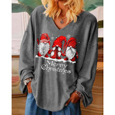 Christmas Gnome Print Long Sleeve Casual Top - gray