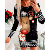 Christmas Graphic Cartoon Print Long Sleeve Bodycon Dress - style3